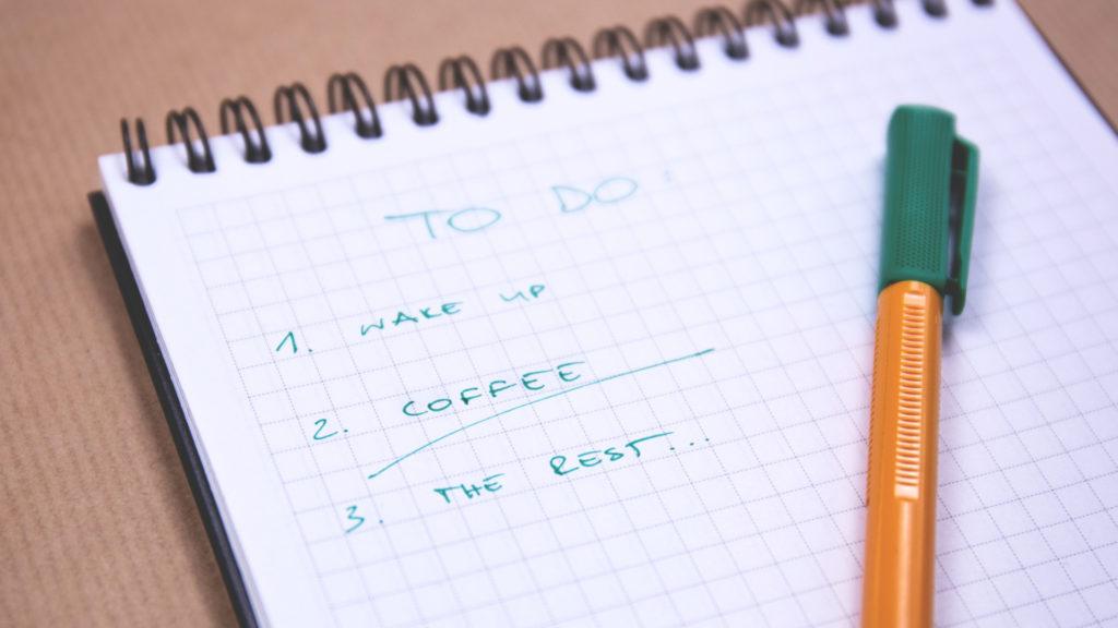 A joking todo-list for the day saying: 1. Wake up, 2. Coffee, 3. The rest.